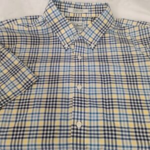 L.L. Bean Short Sleeve Plaid Button Shirt Mens Large Yellow Blue Wrinkle Free N
